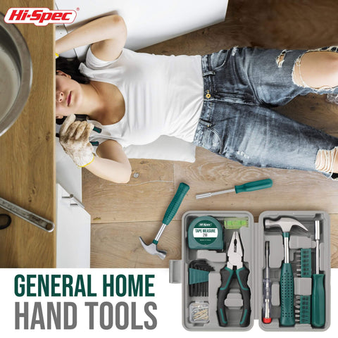 Compact 25 Piece Green Mini Tool Kit For Home And Office DIY In A Portable Toolbox Case shown with tools in use by a person fixing under sink.
