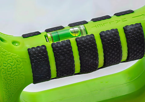 Close-up of ergonomic D-handle with built-in ruler on a Versatile 8 in 1 multitool hammer combines a non-marring mallet.