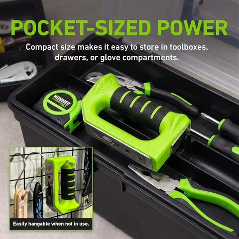 Versatile 8 in 1 multitool hammer with ergonomic D-handle in tool box for compact storage