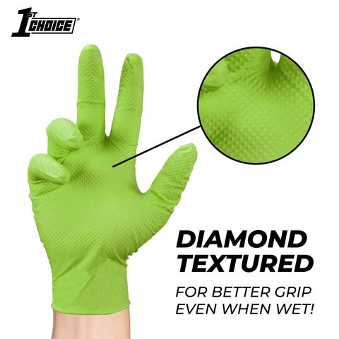 Hand wearing Green Nitrile Mechanic Gloves Raised Diamond Grip Latex Free Medium 200 Count showing texture close-up
