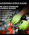 Mechanic wearing Green Nitrile Latex Free Gloves 8 Mil Heavy Duty Raised Diamond Texture working on engine