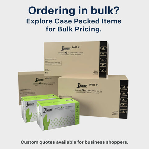 Bulk boxes of Green Nitrile Mechanic Gloves Raised Diamond Grip Latex Free Medium 200 Count displayed for bulk pricing.