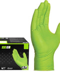 Green Nitrile Latex Free Gloves 8 Mil Heavy Duty Raised Diamond Texture Box 100 with gloves displayed