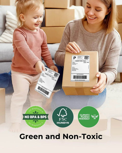 Woman and child using 4X6 Direct Thermal Shipping Labels For Rollo Jadens Nelko And DYMO 4XL 220 Per Roll Waterproof And Scratch Resistant