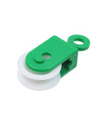 Green and white nylon pulley, 1-3/8" dia, for outdoor clotheslines and rope pullers, smooth and quiet operation, six pack