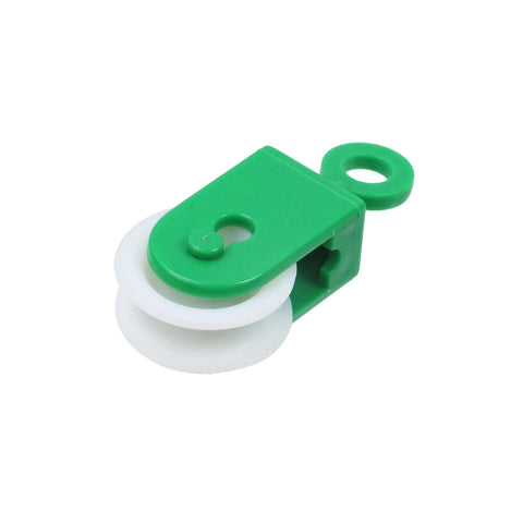 Green and white nylon pulley, 1-3/8" dia, for outdoor clotheslines and rope pullers, smooth and quiet operation, six pack