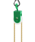 Nylon Pulley One And Three Eighths Inch Diameter For Outdoor Clotheslines And Rope Pullers, green nylon construction, in use