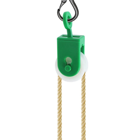 Nylon Pulley One And Three Eighths Inch Diameter For Outdoor Clotheslines And Rope Pullers, green nylon construction, in use