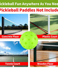 50pc Pickleball Balls,40 Holes Indoor pickleball balls with Mesh Bag,8mm Precision Drilled-Spaced Pickle ball Set shown on various courts