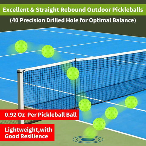 Green 4 pcs Pickleball Balls with 40 Holes on an Indoor/Outdoor Court, showing precision drilled design and lightweight build