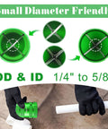 All In One Deburring Cutter And Tube Reamer For Copper PVC And Metal Pipes With Easy Grip Handle For Smooth Inner And Outer Chamfering Ranging From One Quarter Inch To One And Five Eighths Inch Green Finish in action with black-gloved hands using the tool on a white pipe.