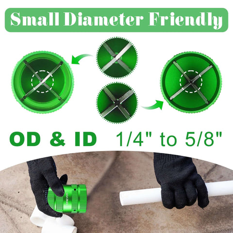 All In One Deburring Cutter And Tube Reamer For Copper PVC And Metal Pipes With Easy Grip Handle For Smooth Inner And Outer Chamfering Ranging From One Quarter Inch To One And Five Eighths Inch Green Finish in action with black-gloved hands using the tool on a white pipe.