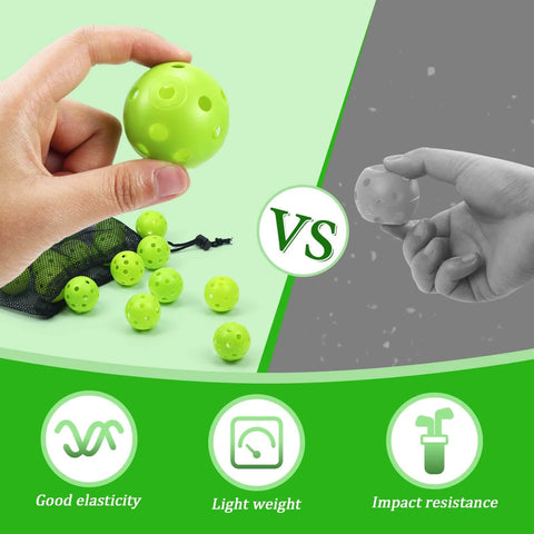 Hand holding green plastic golf ball next to 50 Pack Plastic Golf Balls Practice Limited Flight Golf Training Ball Hollow Swing Practice Indoor Balls with Mesh Drawstring Bag
