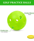 Close-up of 50 Pack Plastic Golf Balls Practice Limited Flight Golf Training Ball Hollow Swing Practice Indoor Balls with size and material details.
