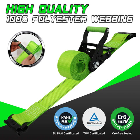 Heavy Duty Wheel Chock Tie Down Straps Set Two Pack With 4,400 Lb Max Break Strength And 2 Inch By 6 Foot Trailer Tire Straps