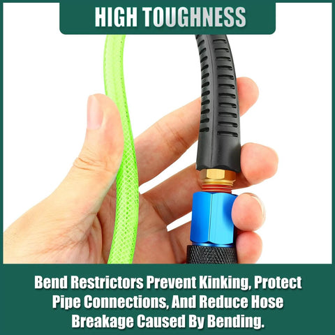 Hand holding One Quarter Inch By Ten Foot Pro Grade Reinforced Polyurethane Air Hose With Bend Restrictor And Self Coiling Design