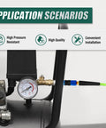 One Quarter Inch By Ten Foot Pro Grade Reinforced Polyurethane Air Hose With Bend Restrictor attached to air compressor