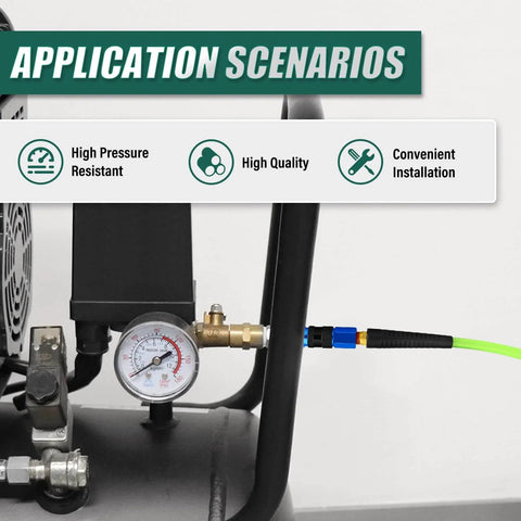 One Quarter Inch By Ten Foot Pro Grade Reinforced Polyurethane Air Hose With Bend Restrictor attached to air compressor