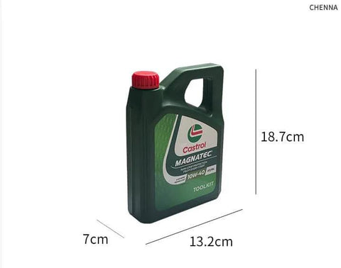 Green bottle of Castrol Magnatec 10W-40 motor oil showing dimensions 18.7cm height, 13.2cm width, and 7cm depth.