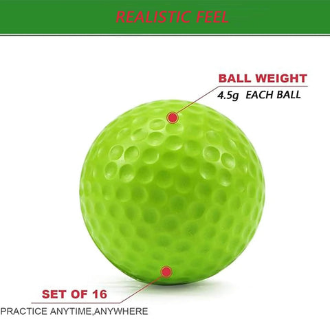Close-up of a green Practice Golf Ball from 24 Pack Colored Plastic Balls 41mm Training Realistic Feel Limited Flight, shown with ball weight.