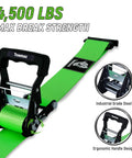 Close-up of 4500Lb Towmax ratchet strap with ergonomic handle for All In One UTV Wheel Chock Tie Down Kit, bright green color.