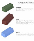 Green buffing compound bar for metal polishing removed scratches and restored a bright smooth finish, shown with red and blue bars