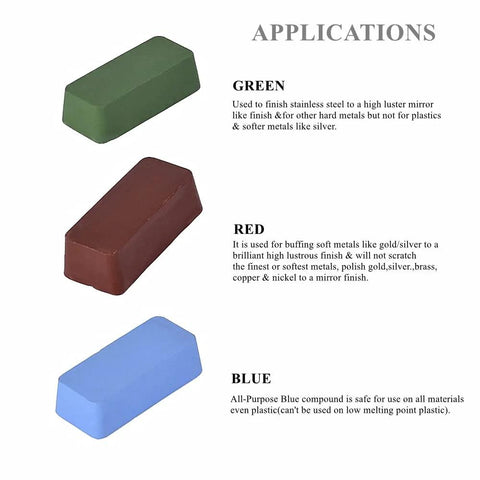 Green buffing compound bar for metal polishing removed scratches and restored a bright smooth finish, shown with red and blue bars