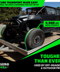 ATV secured on trailer using Heavy Duty Wheel Chock Tie Down Kit With 4500 Pound Break Strength Includes 2 Wheel Chocks And 4 Ratchet Straps