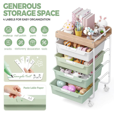 Rolling Storage Utility Cart With Four Drawers For Craft Art Supplies And Makeup Organization On The Go Mobile Cart With Green Finish And Wooden Tabletop Perfect For Kid Rooms Or Office By SYKIARIOL