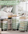Rolling Storage Utility Cart With Four Drawers For Craft Art Supplies And Makeup Organization On The Go Mobile Cart With Green Finish And Wooden Tabletop Perfect For Kid Rooms Or Office By SYKIARIOL in a dorm room setting.