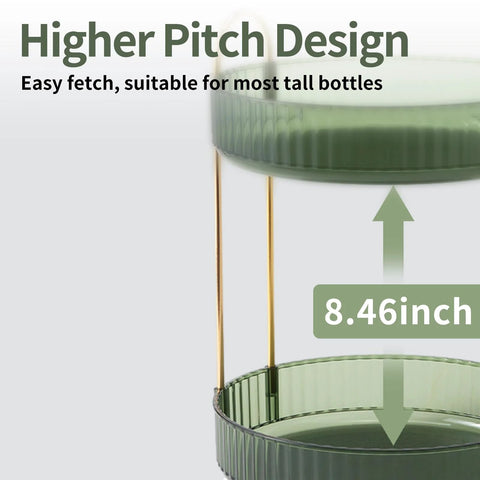 Close-up of green 360 Degree Rotating Makeup Organizer for Vanity showing 2-tier large capacity with 8.46-inch height for tall bottles