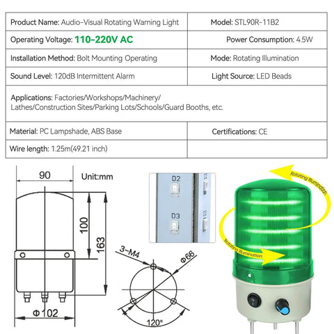 Industrial Tower Warning Light 3 Layer Indicator Lamp With Buzzer 110V AC Red Green Yellow LED Beacons For Factory Shop Floor Use Signal Light Column Stack Volume Adjustable 0dB To 120dB High Brightness Green LED shown with specifications