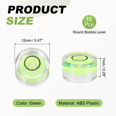 Ten pieces of round bubble levels in green for precise, quick leveling on cameras, tripods, telescopes, frames, and workshop setups.