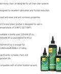 Bottles of All Climate Green Scottoil for motorcycle chain lubrication with product details on anti-wear and lubrication properties.