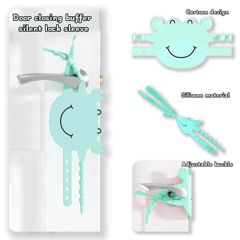 Adjustable Silicone Door Silencer Sleeve Buffer With 5-Position Design, green crab shape, installed on a door latch.