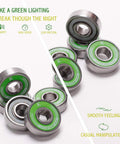 Pro Longboard Bearings High Speed 608RS Ball Skate Bearing ABEC with green seals and stainless balls, pack of 8 for smooth acceleration.