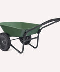 3.7 Cubic Feet Garden Wheelbarrow with 330 Pound Capacity, Lightweight Steel Frame and Plastic Tub, side view with inflatable rubber wheel.