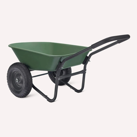 3.7 Cubic Feet Garden Wheelbarrow with 330 Pound Capacity, Lightweight Steel Frame and Plastic Tub, side view with inflatable rubber wheel.