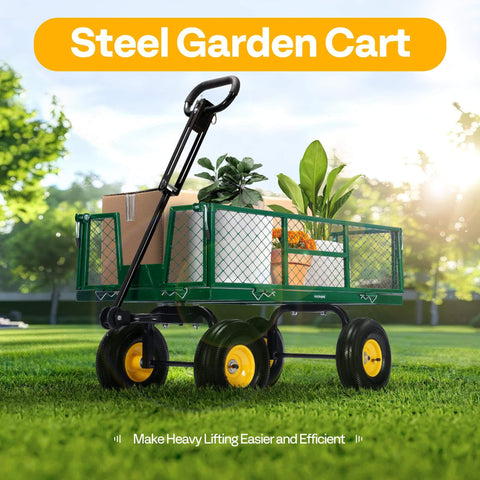 Heavy Duty Garden Cart With 900 Lb Capacity And 38x20 Steel Bed, Rust Resistant Yard Wagon With 10 Inch Wheels, Built In Handle