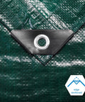 Close-up of 8x10 Feet Waterproof Green Tarp 8 Mil Thick with reinforced corner and grommet detail, multipurpose protective cover.