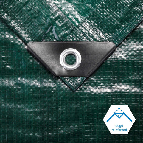 Close-up of 8x10 Feet Waterproof Green Tarp 8 Mil Thick with reinforced corner and grommet detail, multipurpose protective cover.
