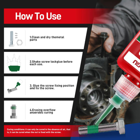 Front view of 270 Green high-strength threadlocker bottle with bolt and nut beside how-to-use steps