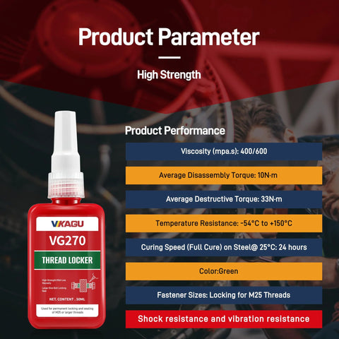 Green High Strength Threadlocker That Fills Gaps In Worn Threads And Keeps Fasteners Tight Through Heat Oil And Chemicals, Industrial Grade Adhesive For Metal Bolts Nuts And Screws, Medium Viscosity Glue 1.69 Oz 50 Ml VG270 By Vikagu product parameters description.