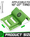 Heavy Duty Wheel Chock Tie Down Straps Set Two Pack With 4,400 Lb Max Break Strength And 2 Inch By 6 Foot Trailer Tire Straps Plus Four Wheel Chocks For ATVs UTVs Mowers And Tractors Safe E Track Compatible, showing a green metal wheel chock for 10 to 27 inch tires.