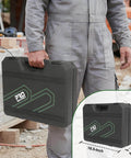 Person holding a closed carrying case of a 269 Piece Tool Set For Home Auto And Mechanical Repairs Complete DIY Ready Tool Kit With Drawer Organizer Green For Men And Women Essential Hand Tools And Sockets Perfect For Quick Fixes And Weekend Projects, case dimensions 16.5 x 13 x 5.9 inches.