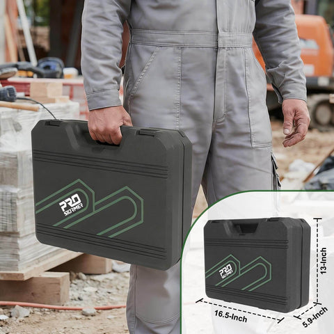Person holding a closed carrying case of a 269 Piece Tool Set For Home Auto And Mechanical Repairs Complete DIY Ready Tool Kit With Drawer Organizer Green For Men And Women Essential Hand Tools And Sockets Perfect For Quick Fixes And Weekend Projects, case dimensions 16.5 x 13 x 5.9 inches.