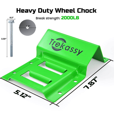 Heavy Duty E Track Wheel Chock Tie Down Kit With Rubber Blocks For ATV UTV And Lawn Mower Transport 4500Lb Break Strength Includes 4 Wheel Chocks And 2 E Track Ratchet Straps Trekassy