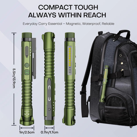Compact USB C rechargeable EDC flashlight delivers 800 lumens with a bright main beam and a handy side light, shown with backpack.