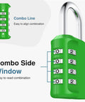 4 Digit Resettable Waterproof Padlock For Outdoor Use With Ten Thousand Possible Combinations Ideal For Gym Lockers Toolboxes Gates Fences Storage Sports Lockers And Cabinets In Green Weather Resistant And Easy To Set, showing combo line and side window.