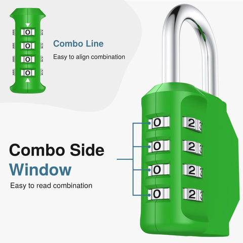 4 Digit Resettable Waterproof Padlock For Outdoor Use With Ten Thousand Possible Combinations Ideal For Gym Lockers Toolboxes Gates Fences Storage Sports Lockers And Cabinets In Green Weather Resistant And Easy To Set, showing combo line and side window.